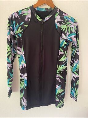 Hurley Black Rash Guard with Tropical Floral Sleeves